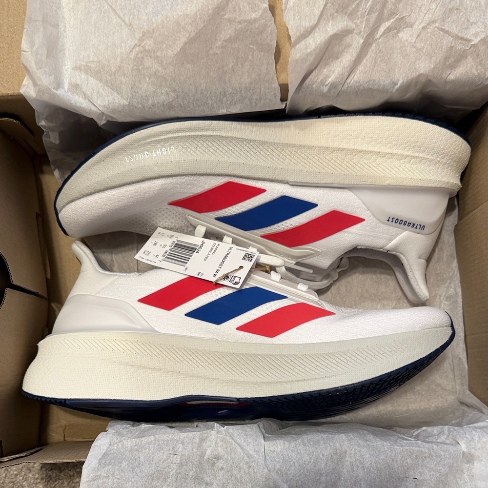 Adidas Women's Ultraboost 5X Shoes in White with Red and Blue Stripes